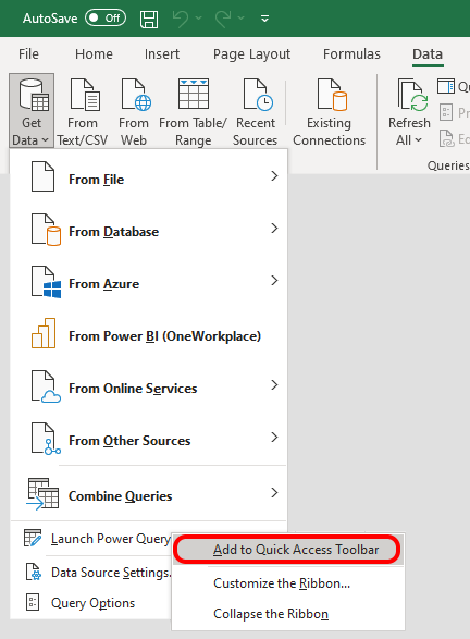 Add a Power Query icon to the quick access toolbar