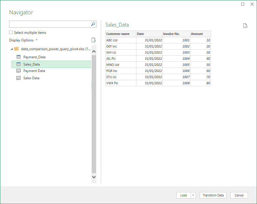 Data comparison layout