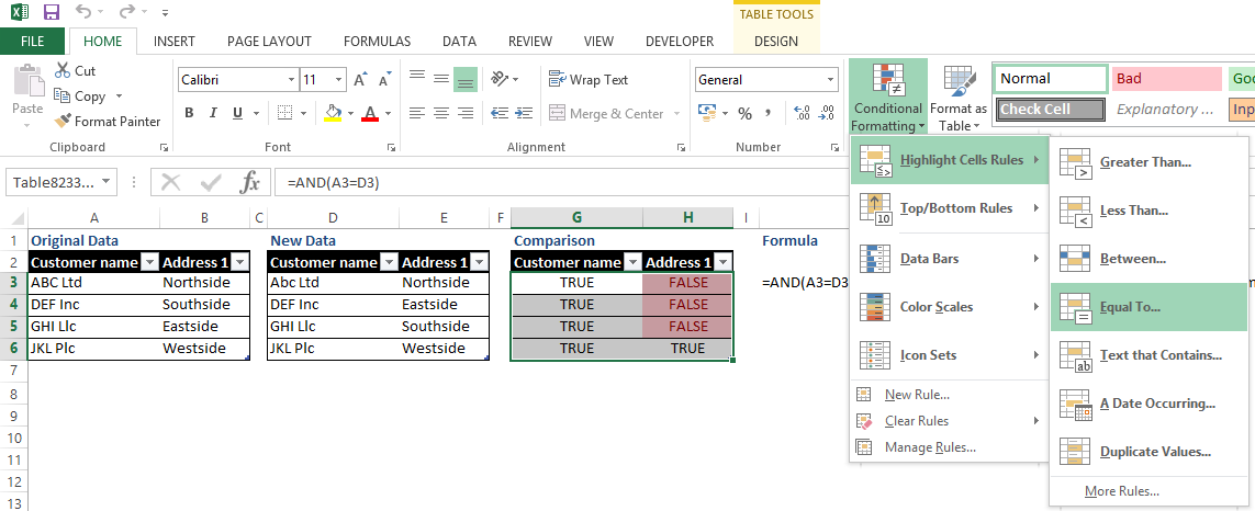 Data comparison layout