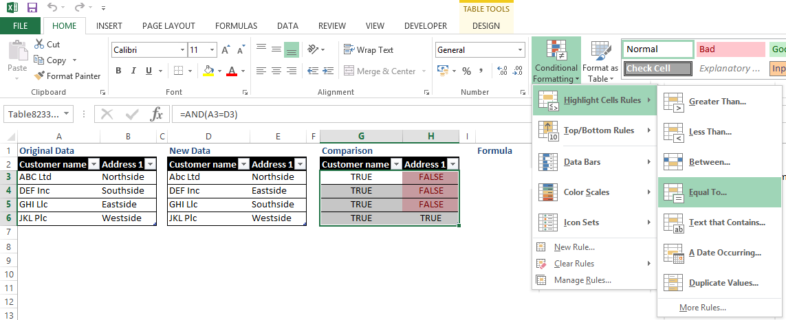 Data comparison layout