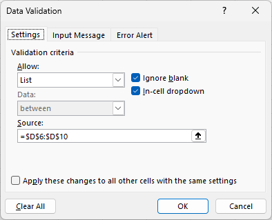 Screenshot of Data validation list