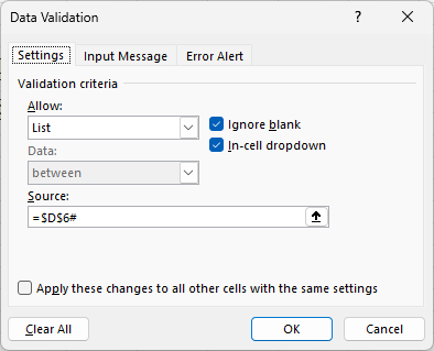 Screenshot of Data validation list