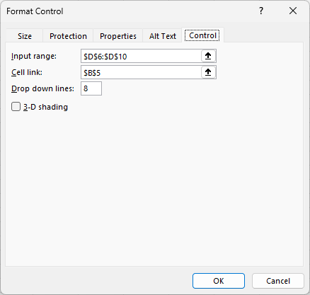 Screenshot of Data validation list