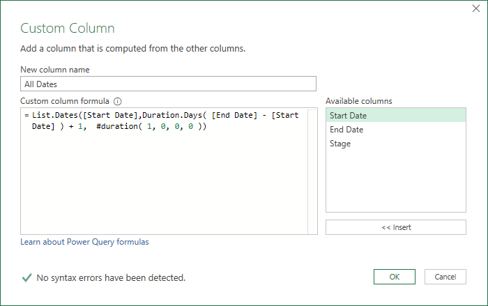 Expand date ranges into a full list of dates