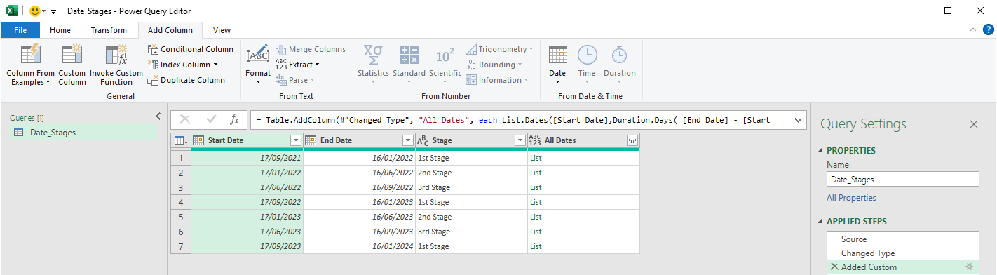 Expand date ranges into a full list of dates