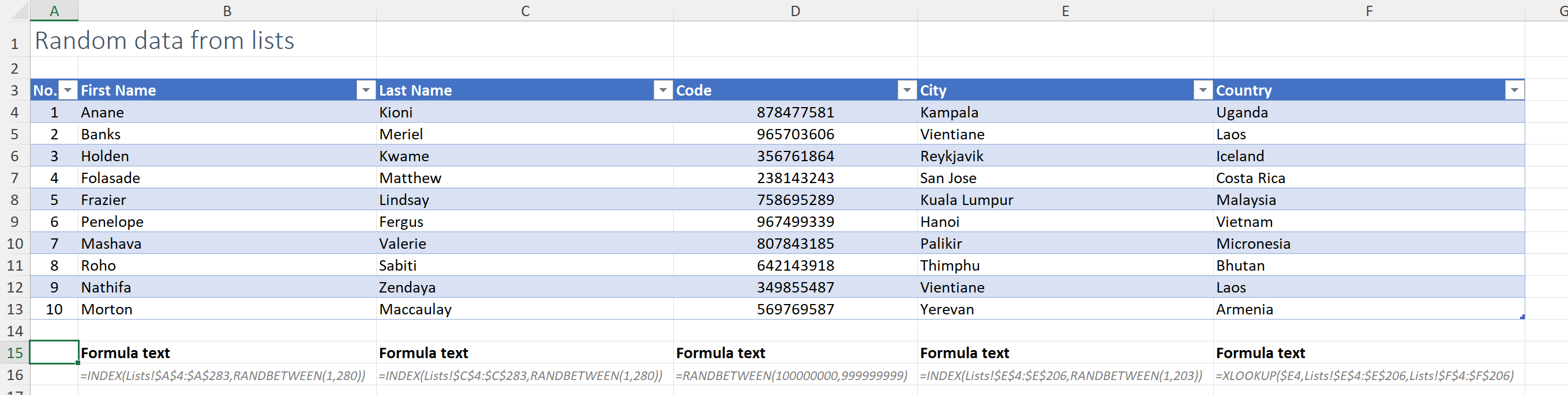 Random data from lists