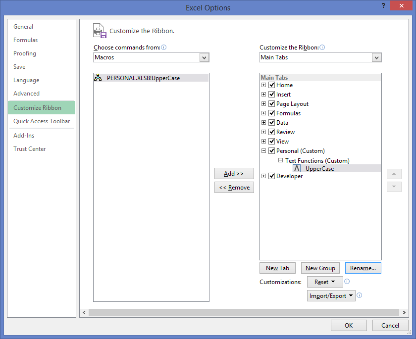 Add personal macro to excel ribbon