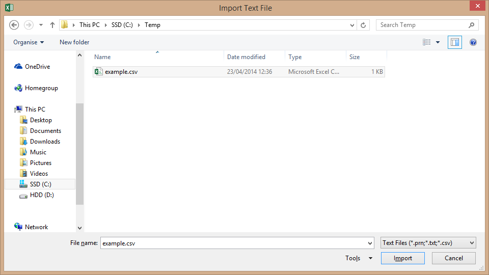 Screenshot of Excel import text file dialog