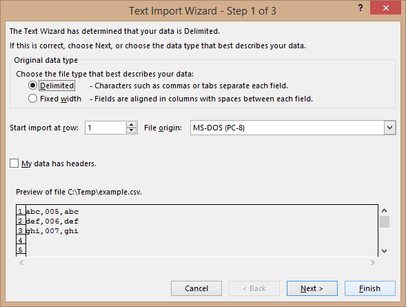 Screenshot of the first screen of the Excel Text Import Wizard