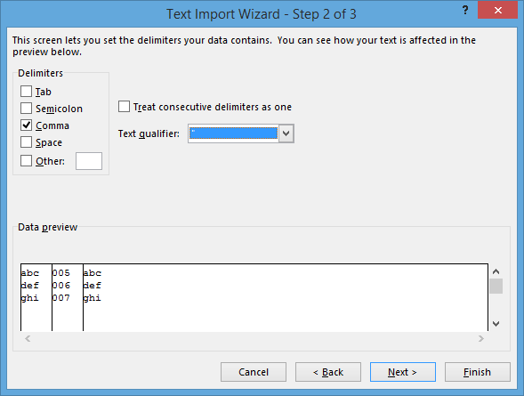 Screenshot of the second screen of the Excel Text  Import Wizard