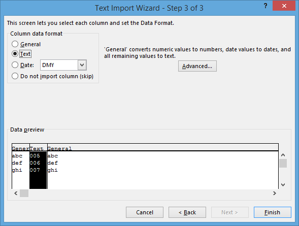 Screenshot of the third screen of the Excel Text Import Wizard