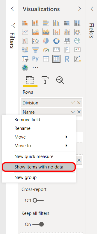 Show items with no data