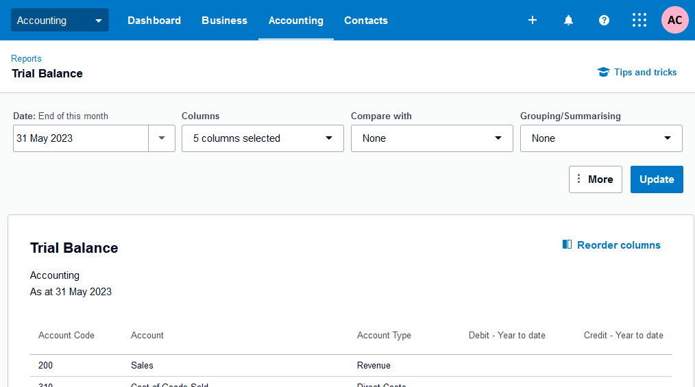 Xero hyperlink to reports